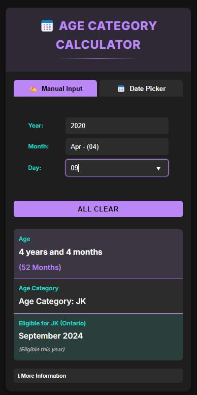 Age by Weeks and Category Calculator Screenshot